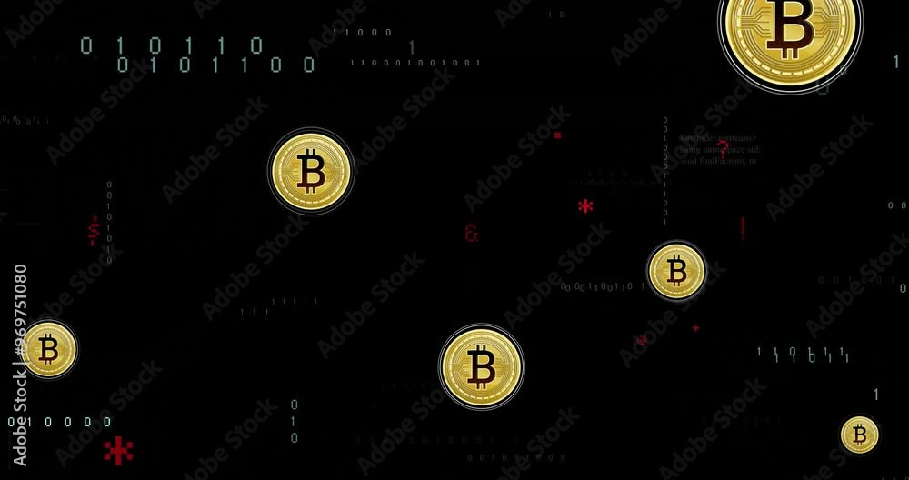 Poster animation of bitcoin currency icons financial data processing over binary coding