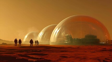 Astronauts exploring a Martian landscape with futuristic domes © Wirestock