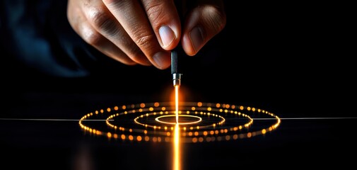 Obraz premium A hand applies a laser tool to create intricate glowing patterns, showcasing precision and artistry in a dark setting.