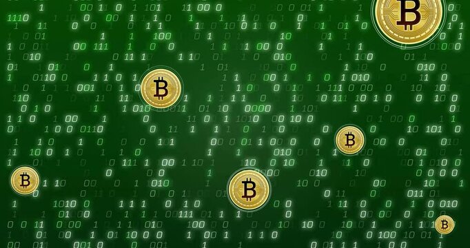 Animation of bitcoin currency icons financial data processing over binary coding