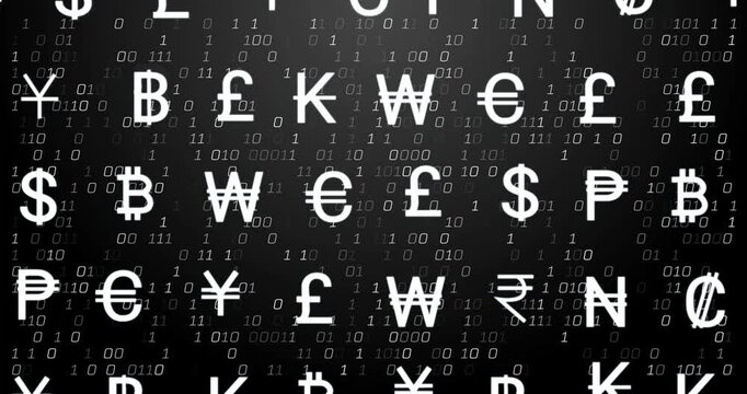 Animation of currency icons financial data processing over binary coding