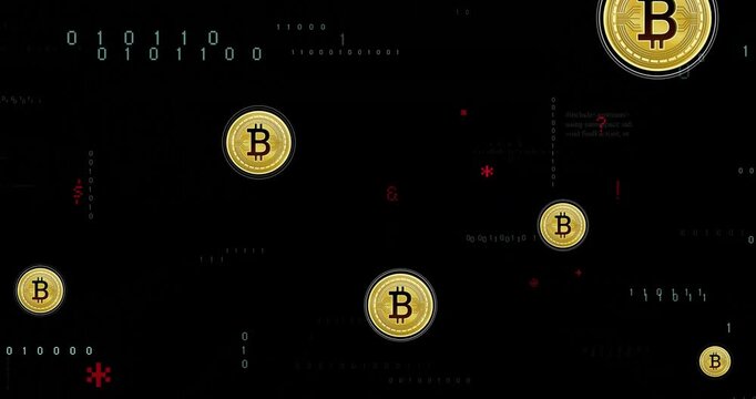 Animation of bitcoin currency icons financial data processing over binary coding