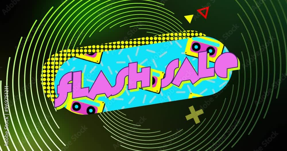 Poster flash sale text with geometric shapes and patterns, animation over green background