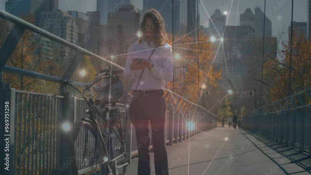 Poster Animation of network of connections over woman using smartphone in city