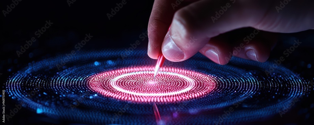 Poster a hand interacts with a circular, illuminated interface, showcasing vibrant light patterns and digit
