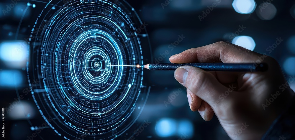 Poster a hand interacts with a digital target interface, showcasing technology and innovation in a futurist