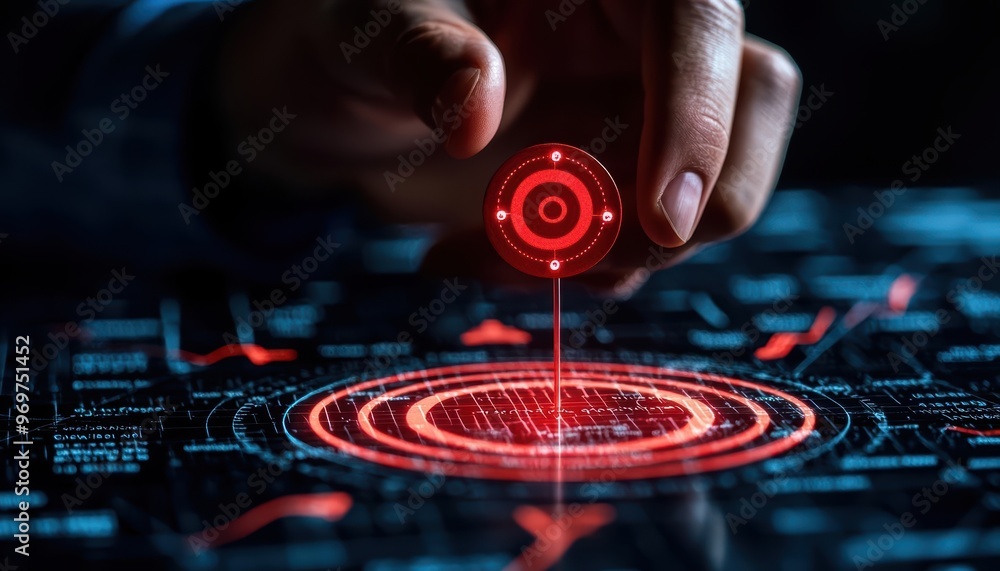 Poster a hand interacts with a glowing digital interface, emphasizing technology and innovation in a modern