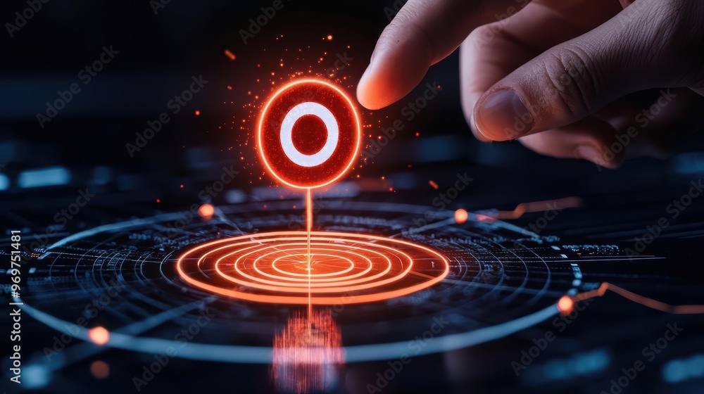 Poster a hand interacts with a glowing target icon, representing technology and precision in digital enviro