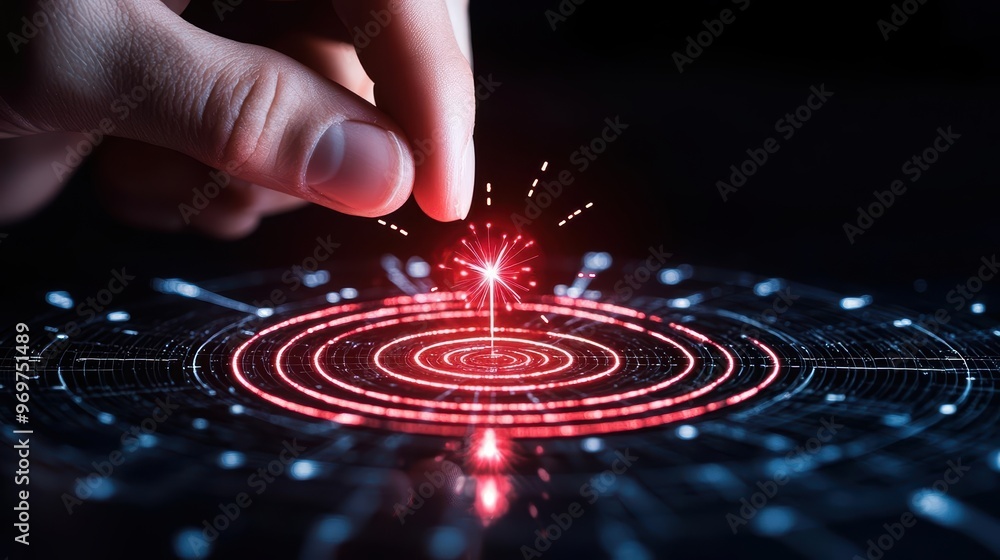 Poster a hand interacts with a glowing holographic interface, highlighting a red laser point on a digital c
