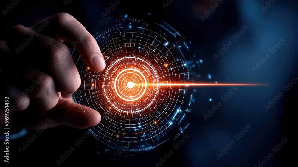 Poster a hand manipulating a glowing digital orb, symbolizing technology and innovation with vibrant circul