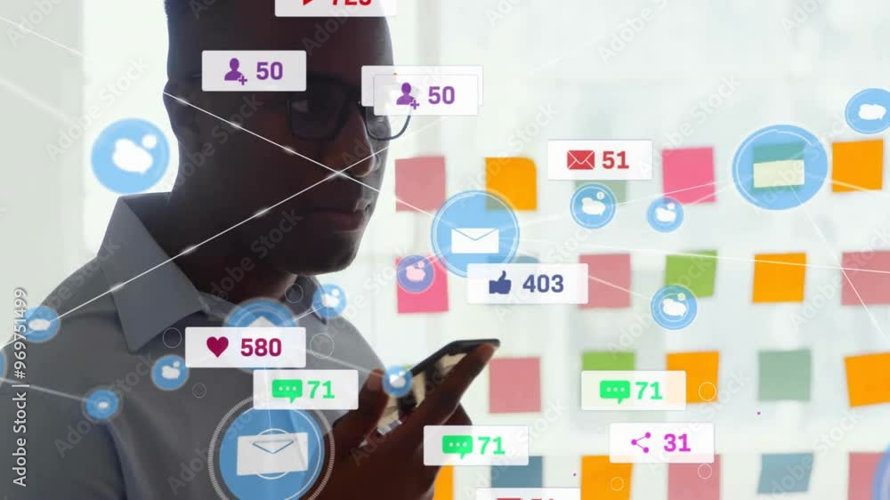 Poster animation of network of connections with text and icons over african american man using smartphone