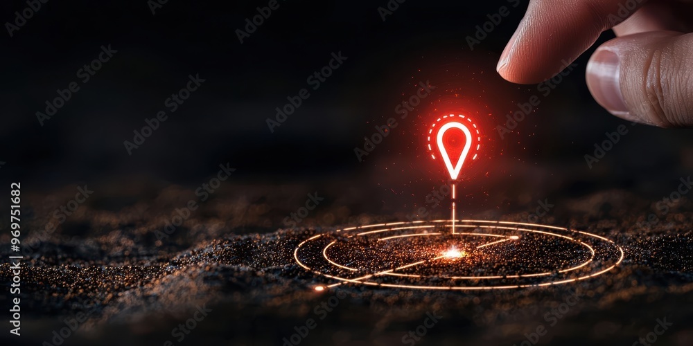 Poster a hand pointing at a glowing red location marker on a dark surface, symbolizing navigation and disco