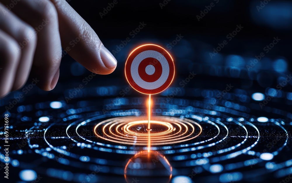 Poster a hand points at a glowing target on a digital interface, symbolizing focus, goals, and precision in