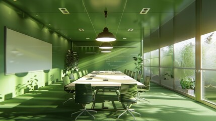 Modern Green Office Conference Room with Energy Efficient Lighting and Sustainable Design