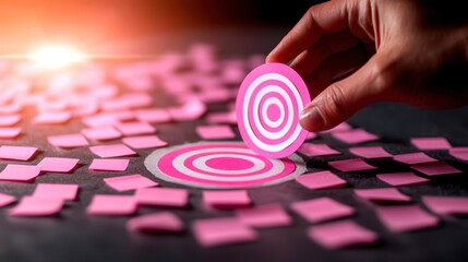 A hand placing a pink target over scattered pink notes, symbolizing focus and goal setting in a creative workspace.