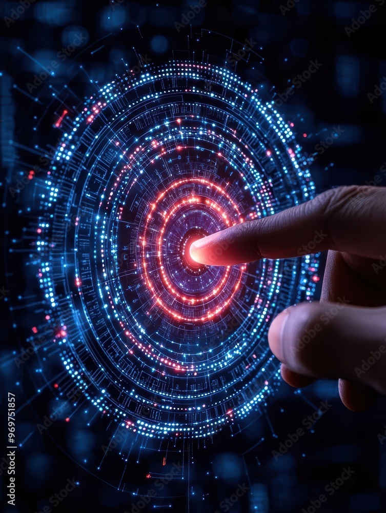 Poster a hand reaching towards a digital interface, symbolizing technology interaction and futuristic data 
