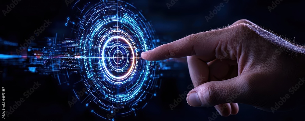 Poster a hand reaching towards a glowing digital interface, representing technology and interaction in a fu
