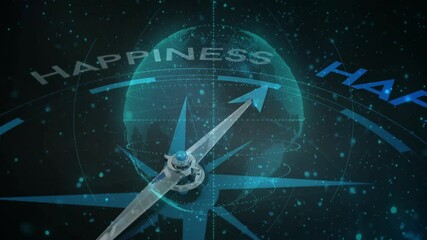 Animation of compass and happiness text over globe - Powered by Adobe