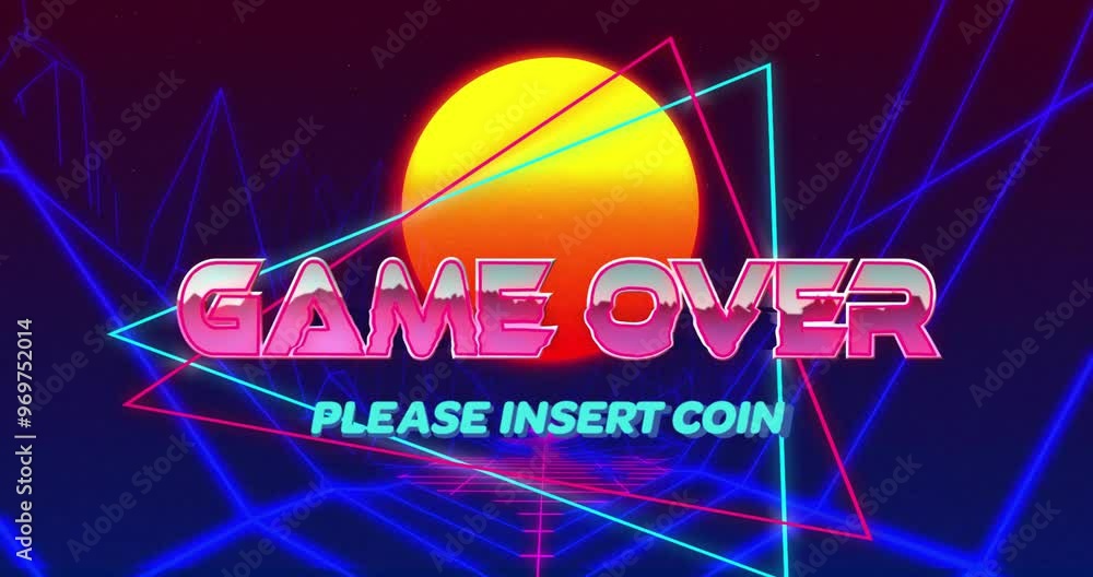 Poster game over text and please insert coin over retro neon grid and sunset animation
