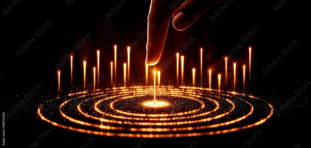 Poster a mesmerizing display of light and energy as a finger interacts with glowing particles and rippling 