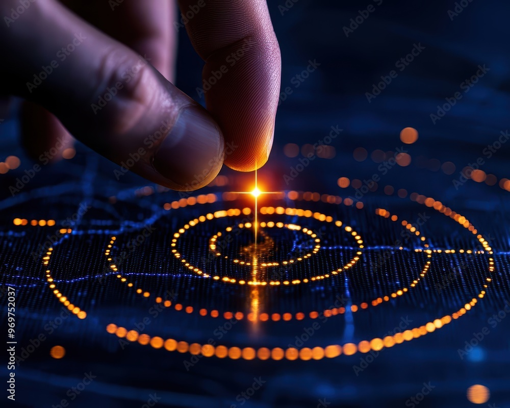 Poster a hand touching a digital target with glowing circles, representing precision and focus in technolog