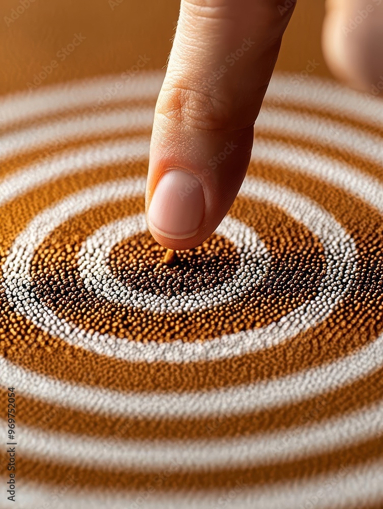 Poster a mesmerizing close-up of a finger creating patterns in a textured surface, showcasing intricate cir