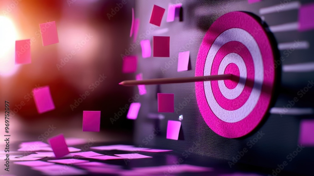 Poster a vibrant close-up of a dartboard with an arrow hitting the target, symbolizing precision and focus 