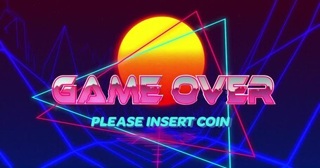 Game Over text and please insert coin over retro neon grid and sunset animation - Powered by Adobe