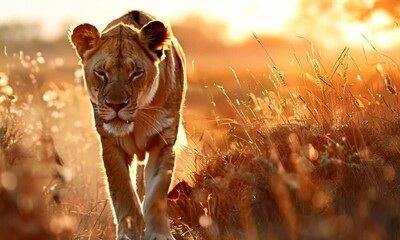 Majestic lioness prowling through the savanna, Video - Powered by Adobe