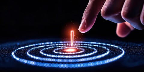 A hand touching a glowing point, creating a ripple effect in vibrant blue and red hues, symbolizing energy and connection.