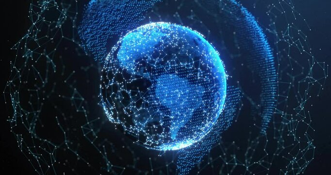Rotating digital globe with interconnected nodes and lines, global network animation