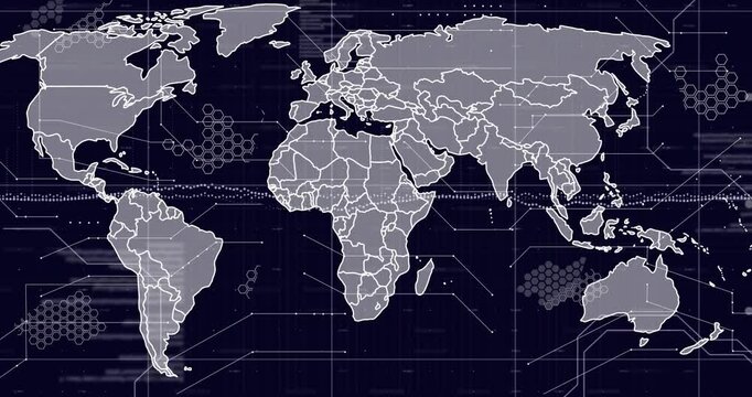 World map with hexagonal patterns and data points animation