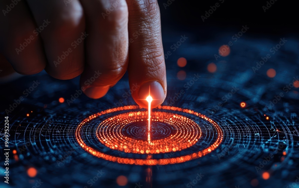 Poster close-up of a finger touching a glowing red circular pattern on a dark background, symbolizing techn