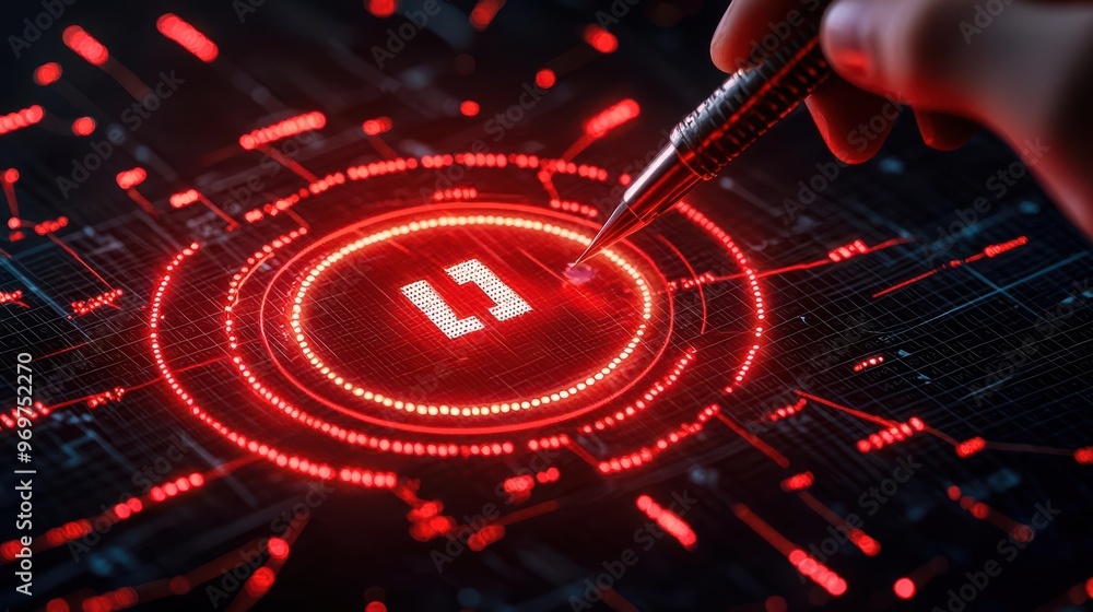 Poster close-up of a hand using a pen on a glowing red digital interface, showcasing advanced technology in