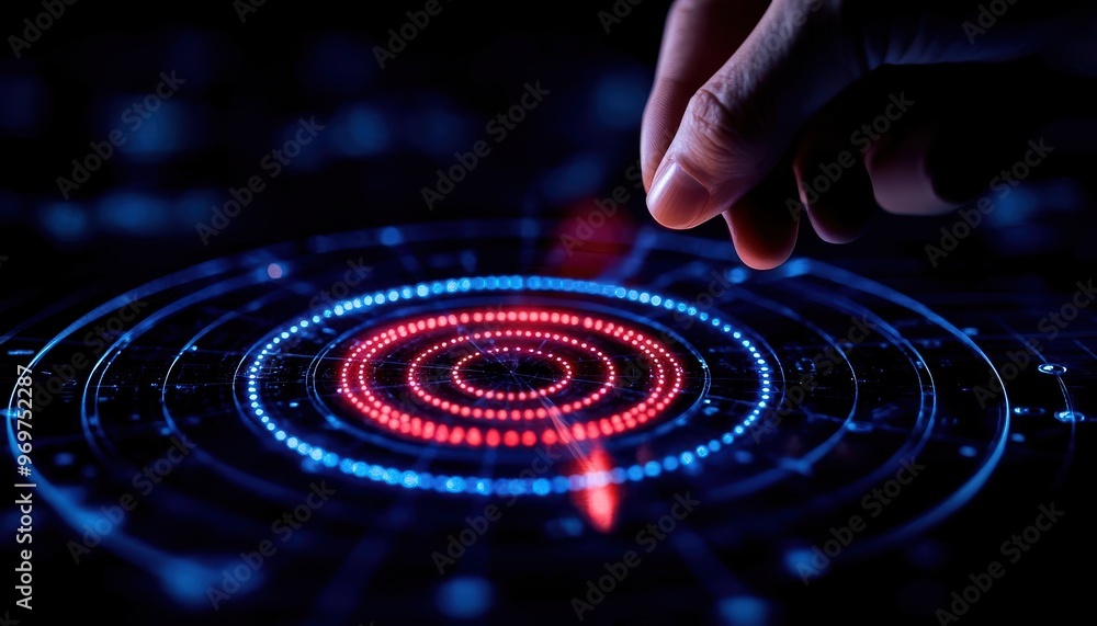 Poster close-up of a hand interacting with a vibrant digital interface showcasing concentric circles and gl