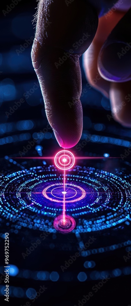 Poster futuristic hand pointing at glowing digital target in neon colors, symbolizing technology and precis