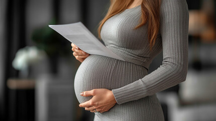 pregnant businesswoman in a professional office setting, seated at her desk while attentively reviewing paperwork. The scene highlights balance, focus, and determination during a pivotal life moment