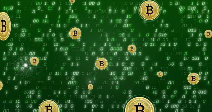 Animation of bitcoin currency icons financial data processing over binary coding
