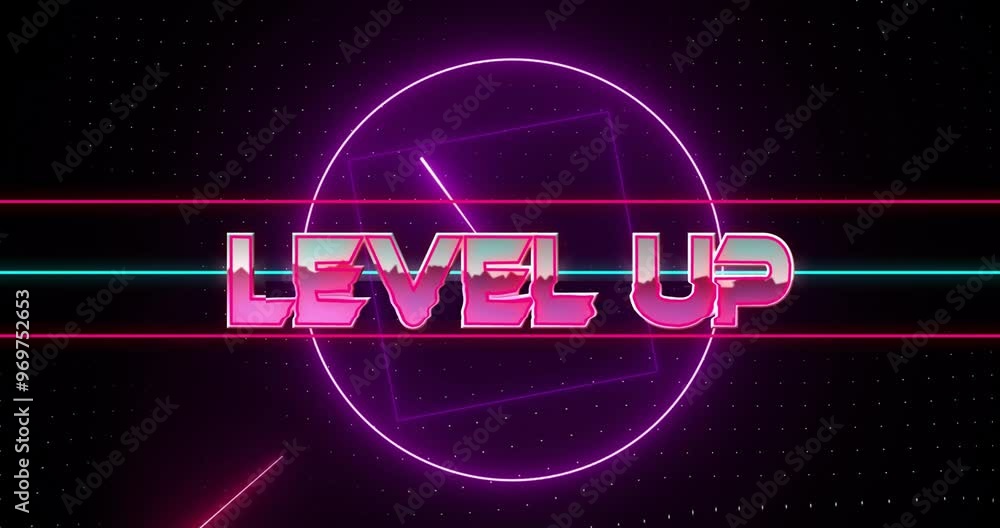 Poster level up text animation over neon geometric shapes on dark background