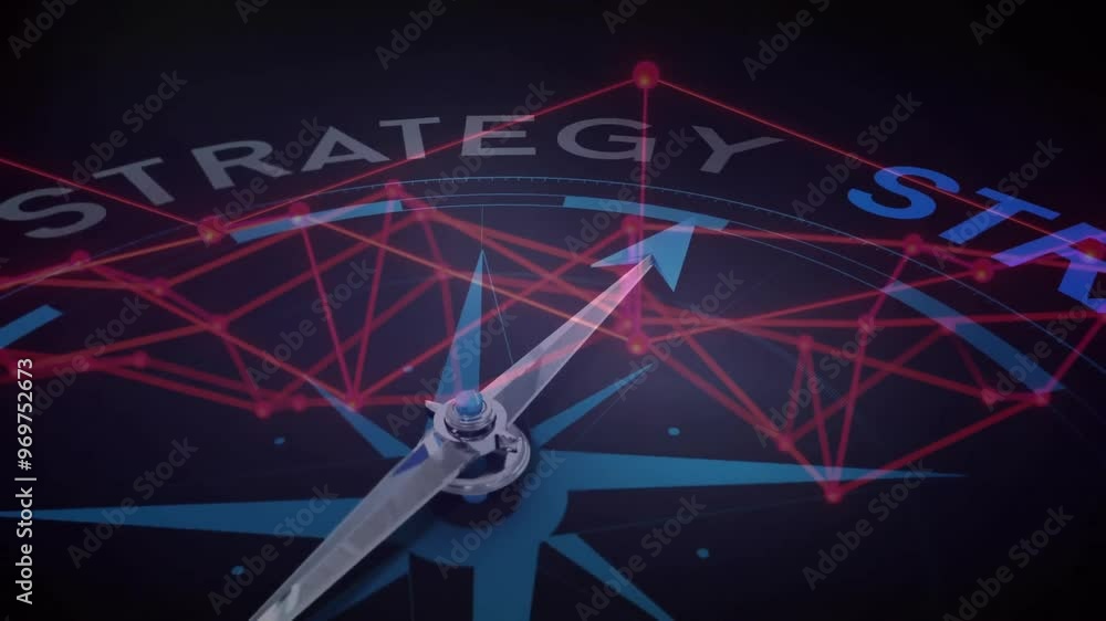 Aufkleber animation of compass and strategy text over network of connections