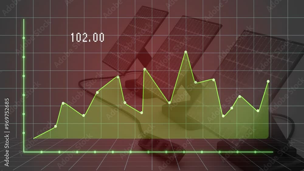 Poster fluctuating line graph animation over solar panels and electronic devices