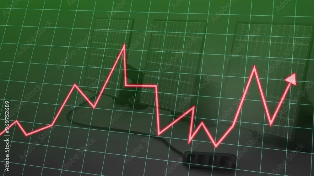 Poster rising red line graph animation over solar panels and green grid background