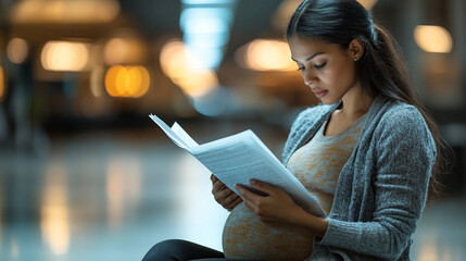 pregnant businesswoman in a professional office setting, seated at her desk while attentively reviewing paperwork. The scene highlights balance, focus, and determination during a pivotal life moment