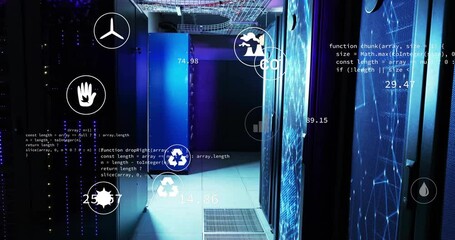 Animation of ecology icons over server room - Powered by Adobe