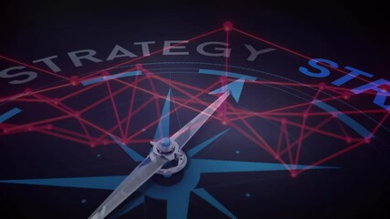 Animation of compass and strategy text over network of connections - Powered by Adobe