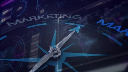 Animation of compass and marketing text over data processing - Powered by Adobe