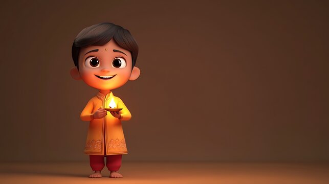 A 3D cartoon boy with a bindi on his forehead is smiling and holding a lit diya. He is wearing a traditional Indian outfit and standing on a brown background.
