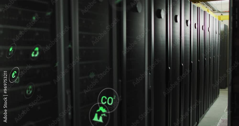 Poster animation of eco icons and digital data processing over computer servers