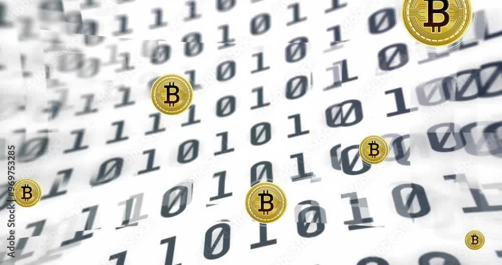 Poster animation of bitcoin currency icons financial data processing over binary coding
