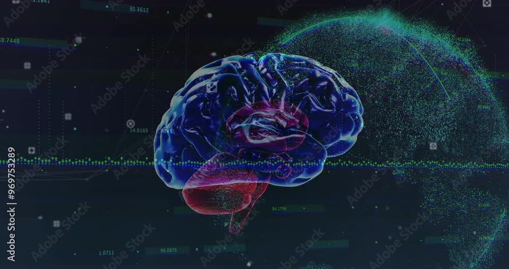 Poster animation of human brain and digital data processing over globe